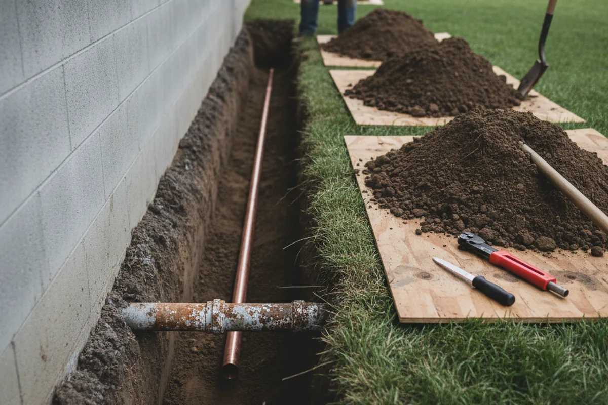 Excavated water line trench during Sewer Line Repair in Ambler